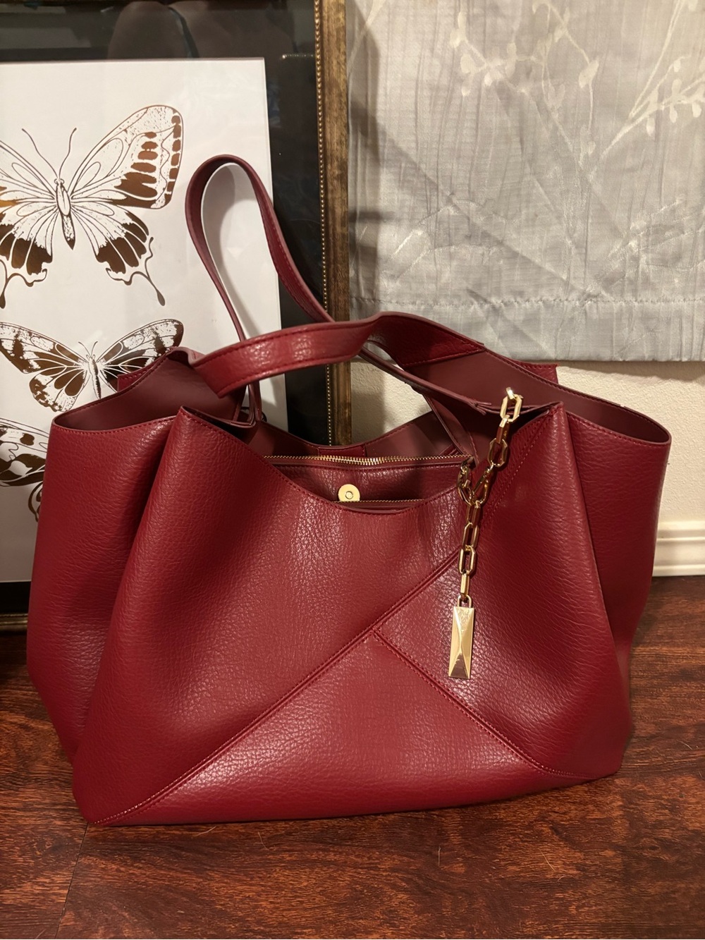 INC Burgundy Faux Leather “Liliah”Tote Bag with Gold Accent